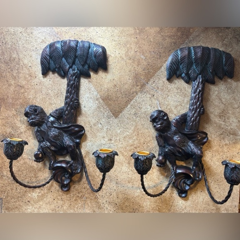 Pair of Vintage Monkey and Palm  Candle Sconce